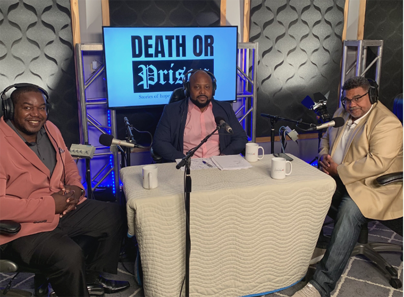 Reentry Podcast – Death or Prison Shown are Death or Prison podcast hosts Johnny Branham, Elmo Golden, Lázaro Lopez. (Host Raul Lopez is not pictured.)